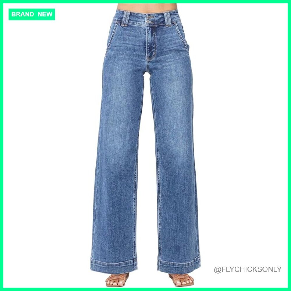 High Waisted Wide Leg Straight Jeans Stretch Denim Regular Fit